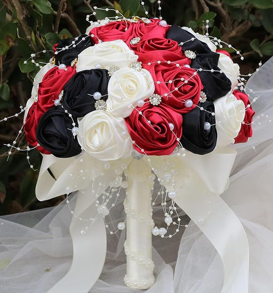 Bridal Wedding Bouquet Round Bling Brooch Bouquet Throw Toss Artificial Rose Flower Bunch for Bride Bridesmaid Wedding Quinceanera(Ruby Red, Black & Ivory, 6.3")