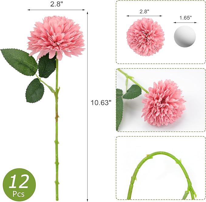SITUMEIZI 12 Pcs Pink Artificial Chrysanthemums Flowers Ball Flower Fake Mums Silk for Wedding Home Kitchen Decoration Floral Arrangement