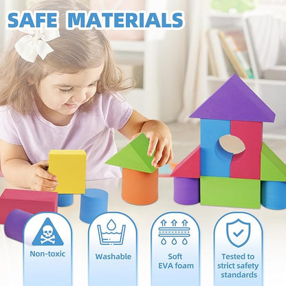 Large Building Foam Blocks for Toddlers, EVA Stacking Foam Building Blocks Toy Set, Non-Toxic, Washable, Early Learning Construction Toys & Gifts for Kids Boys & Girls (Blue, Pieces, 60)