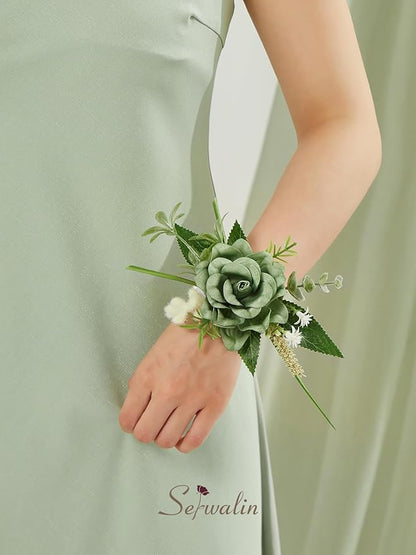 Serwalin Set of 2 Wrist Corsage for Wedding, 6-7inch Corsages Wristlet for Bridesmaid Mother Grandmother, Artificial Flowers for Prom Ceremony Anniversary, Green
