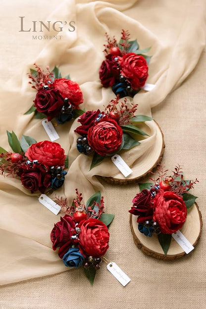 Ling's moment 6pcs Wedding Wrist Corsage Artificial Flowers, Girl/Mother Homecoming Prom Corsages Wristlet Décor, etc. Burgundy and Navy Blue