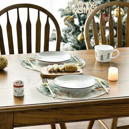 Artoid Mode Watercolor Deer Trees Snowflakes Christmas Round Placemats Set of 6, 14 Inch Winter Round Table Mats for Dining Decoration