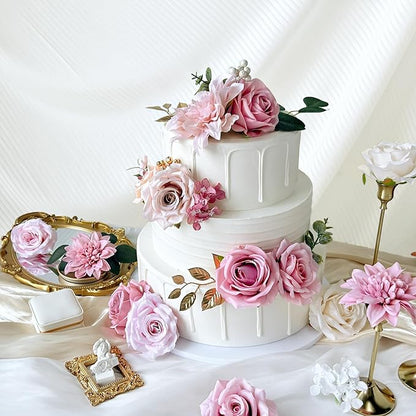 Silk Artificial Flowers Combo Box Set Dusty Pink Roses Gold Flowers Blush Pink Bridal Wedding Bouquets Cake DIY Fake Floral with Stems Arrangements Baby Shower Party Table Centerpieces Home Decor