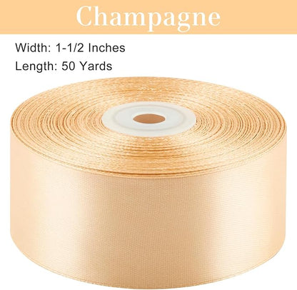 1-1/2 Inches 50 Yards Champagne Satin Ribbon, Solid Fabric Ribbon Roll for Flower Bouquets, Gift Wrapping, Wedding, Handmade Crafts