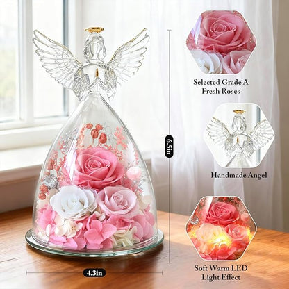 Christmas Roses Gifts for Mom,Preserved Real Flowers Roses in Glass Angel Figurines, for Grandma Women Mom Wife Mother in Law/Pink