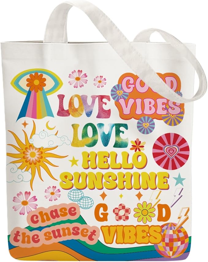 ANATTASOUL Canvas Tote Bag Boho Elements Reusable Cotton Bag for Women, Durable Cloth Shoulder Bags with Zipper Pockets for Shopping, Vacation, Work, Gym