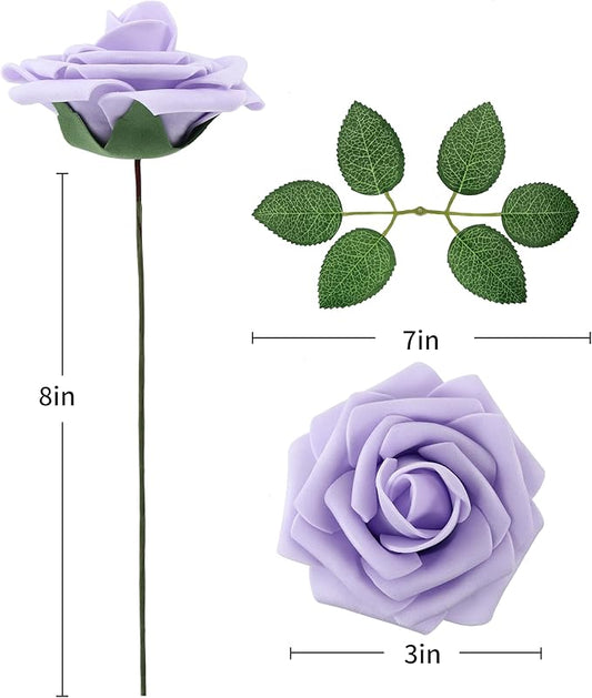 DuHouse 50Pcs Artificial Roses Flowers Fake Roses with Stems Real Touch Foam Flowers for DIY Wedding Bouquet Baby Shower Centerpiece Floral Arrangement Party Home Decor(Lilac)