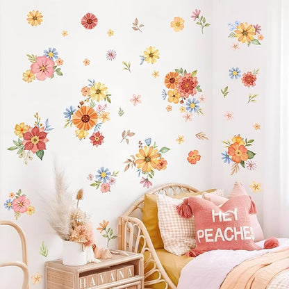 Tanlaby Boho Daisy Flowers Wall Stickers Watercolor Floral Wall Decals Peel and Stick Bohemian Wildflowers Art Decor for Girls Bedroom Living Room Wardrobe