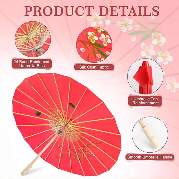 33" Red Flower Silk Cloth Decoration Handmade Parasol Umbrella Chinese Japanese Asian DIY Art Dance Classical Umbrella for Wedding Parties Photography Costumes Cosplay (Red)