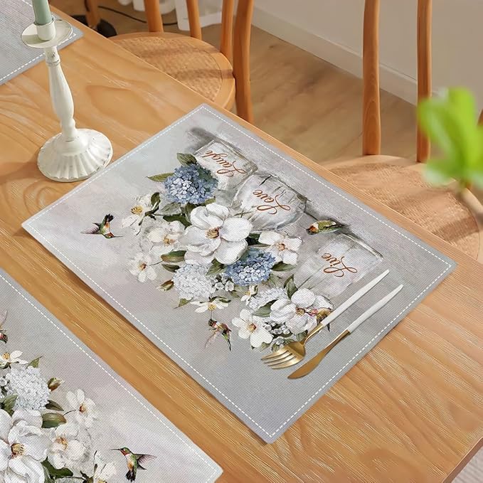 White Flower Placemats Set of 6, Hummingbirds Floral Live Love Laugh Double-Sided Table Mats for Kitchen Dining Room Home Party Indoor 6 PCS 12x18 Inch