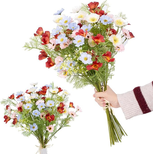 Artificial Flower Bouquet -5 Bundles of 25 Faux Colorful Daisies &Greenery Stems- 24 Inch Realistic Silk Floral Arrangement for Summer Fall Home, Wedding, and DIY Décor