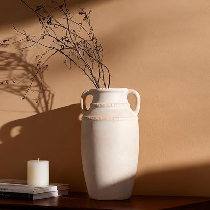 Beige Ceramic Vase with Handles, 10.5 Inch Boho Modern Aesthetic Textured Table Vases for Anthropologie Home Decor Centerpieces (Cream Beige White)