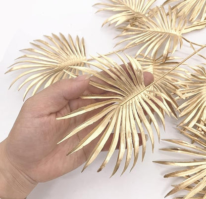 Christmas Decor Artificial Gold Plants 30" Tall 2 Pack, Faux Golden Fans Palm Leaves Plastic Fake Tropical Grass Flowers for Home Indoor Room Wedding Centerpiece Decoration Hall Table Vase Filler DIY