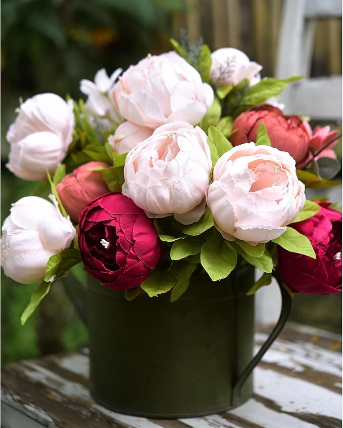 FiveSeasonStuff Burnt Pink and Dusty Pink Vintage Artificial Peonies Silk Flowers and Hydrangeas for Wedding Bridal Home Decor – Beautiful Floral Centerpiece Bouquet (Fireside Romance)