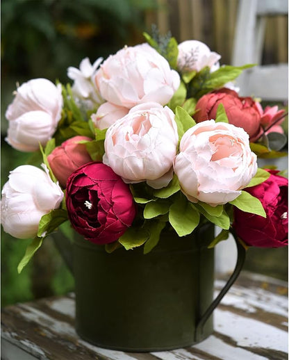 FiveSeasonStuff Burnt Pink and Dusty Pink Vintage Artificial Peonies Silk Flowers and Hydrangeas for Wedding Bridal Home Decor – Beautiful Floral Centerpiece Bouquet (Fireside Romance)