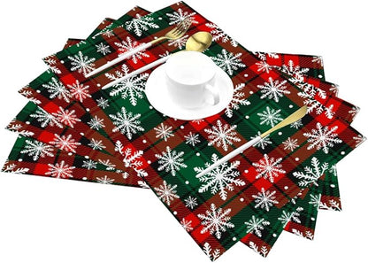 PVC Placemats Set of 6 Wipeable Table Mats Washable Heat Resistant Non Slip Vinyl Dining Table Mat for Kitchen Indoor Outdoor Patio Farmhouse Place Mats Grid Green Red Xmas Decorative