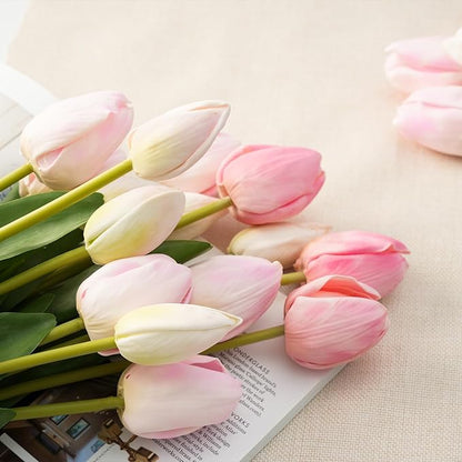 Real Touch Artificial Tulips, 20pcs Fake Tulip Flower Stem, PU Faux Tulip 19.7” for Mother's Day Easter Valentine's Gift, Home Decor Wedding, Table Centerpiece, Floral Arrangement, Light Pink