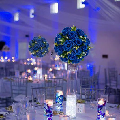 BLOSMON Blue Flowers Artificial for Decoration: 2 Pcs Fake Roses Flower Balls Centerpiece for Wedding Table - Silk Kissing Bouquet with Base Floral Arrangement for Home Party Event Decor