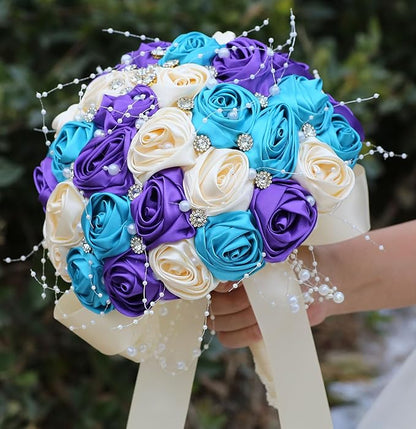 Bridal Wedding Bouquet Round Bling Brooch Bouquet Throw Toss Artificial Rose Flower Bunch for Bride Bridesmaid Wedding Quinceanera(Teal Blue, Purple & Cream, 9.8")