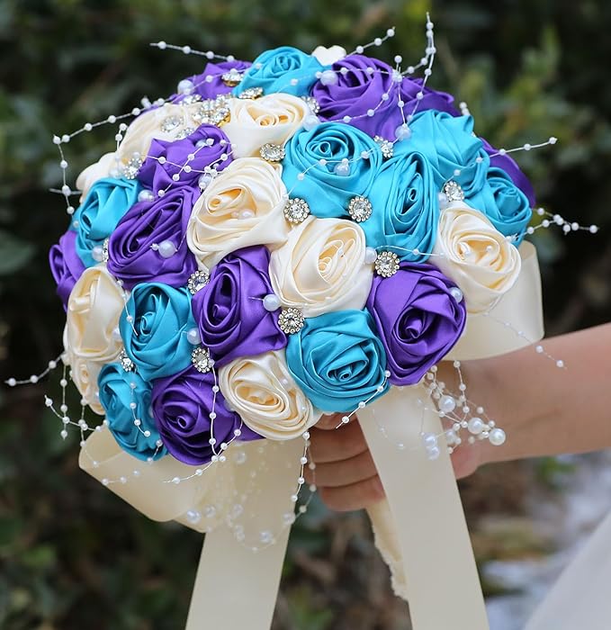 Bridal Wedding Bouquet Round Bling Brooch Bouquet Throw Toss Artificial Rose Flower Bunch for Bride Bridesmaid Wedding Quinceanera(Teal Blue, Purple & Cream, 7.5")