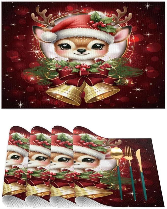 Christmas Xmas Bells Deer Placemats Set of 1 PVC Vinyl Non Slip Table Mats Heat Resistant Place Mats Washable Wipeable Dining Table Mat for Kitchen Decor Party Indoor Outdoor Decorative Gift
