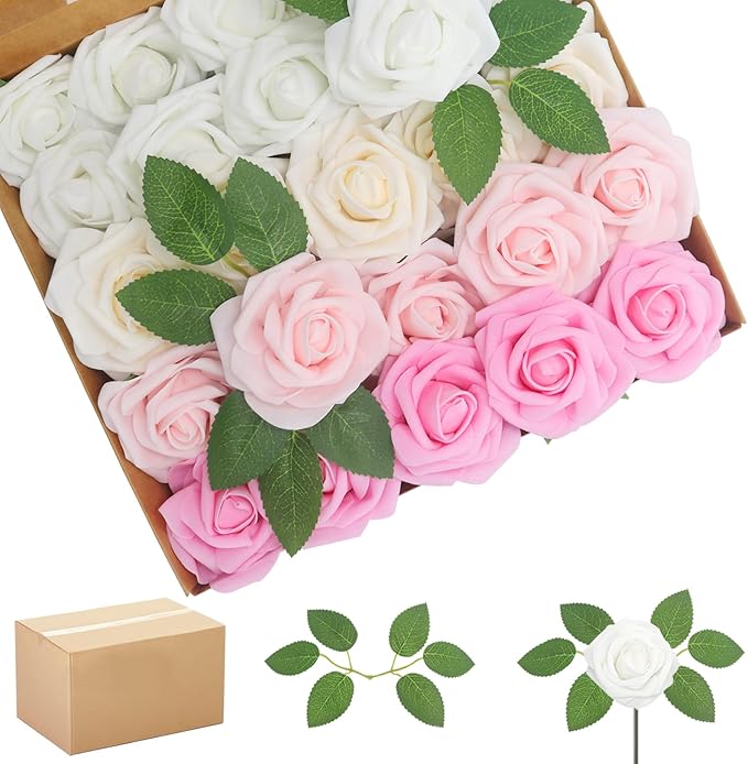 200PCS Pink Artificial Flowers Roses Real Looking Foam Fake Roses with Leaves for DIY Wedding Bouquets Bridal Shower Party Decorations (Pink Series, 200)