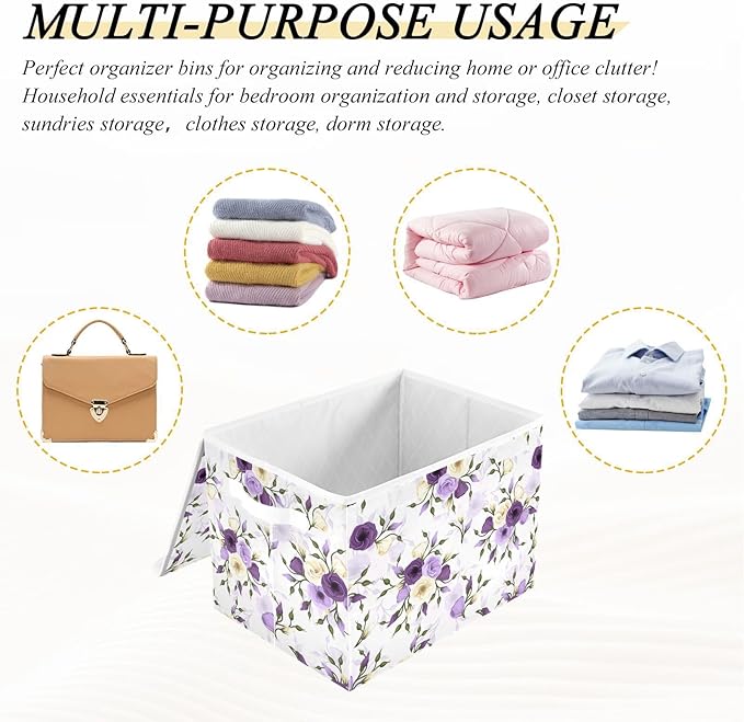 Flower Baskets Collapsible Storage Bins with Lids, Purple Green Rose Flower Storage Boxes Clothes Baskets for Organizing