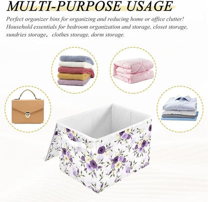 Flower Baskets Collapsible Storage Bins with Lids, Purple Green Rose Flower Storage Boxes Clothes Baskets for Organizing