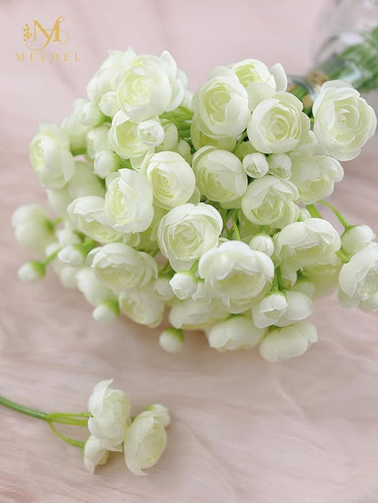Meldel 32Pcs Ranunculus Artificial Flower, Faux Silk Mini Ivory White Ranunculus Flowers for DIY Bouquet, Bulk Fake Peony Wedding Filler Flowers for Centerpieces Arrangements Bridal Shower Decorations