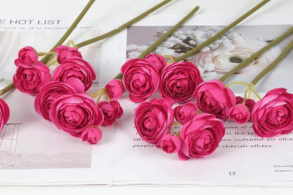 IPOPU Hot Pink Flowers Artificial Ranunculus 2Bouquets Silk Flowers with Stems 12PCS Mini Fake Flowers for DIY Wedding Bouquet Bridal Shower Decorations Floral Filler Flowers Centerpieces (Hot Pink)
