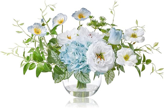 WELL KNOWN Artificial Silk Flowers Bouquet with Vase, Fake Flower Arrangements in Glass Vase with Faux Water for Spring Summer Seasonal Home Office Hotel Wedding Table Decor (Blue in Spring)
