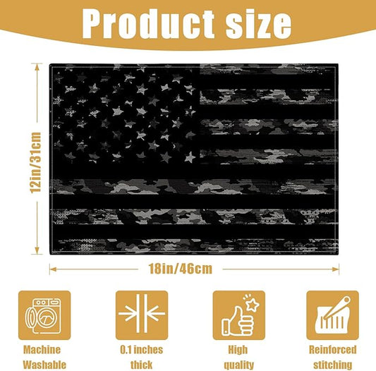 Black Camo American Flag Placemats Set of 6, Linen Place Mat Washable Stain Resistant Table Mats for Farmhouse Kitchen Dining Party Wedding Decor 12x18 Inch