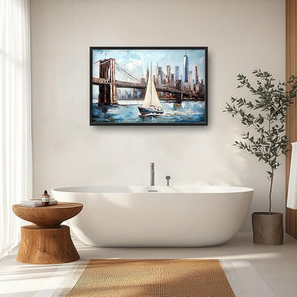 Extra Large Sailboat Framed Wall Art for Living Room,Oversized New York Brooklyn Bridge Pictures Wall Decor,Cityscape Canvas Print Painting Modern Artwork Bedroom Office Bathroom 36L x 24W