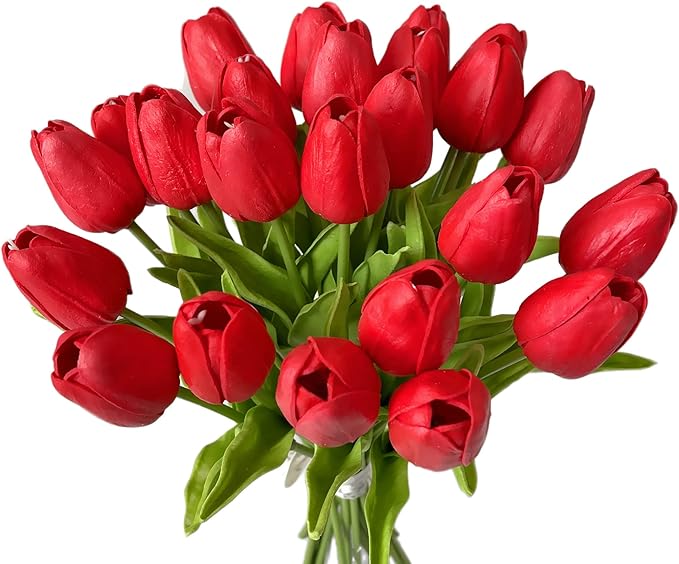 UKELER 24 Pcs Fragrant Red Flowers 13.5" Tall Artificial Tulip Flowers for Home Kitchen Wedding Decorations Tulip Wreath Arrangement