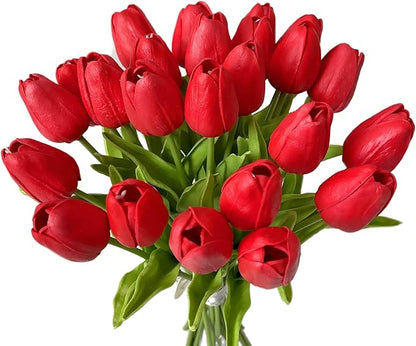UKELER 24 Pcs Fragrant Red Flowers 13.5" Tall Artificial Tulip Flowers for Home Kitchen Wedding Decorations Tulip Wreath Arrangement