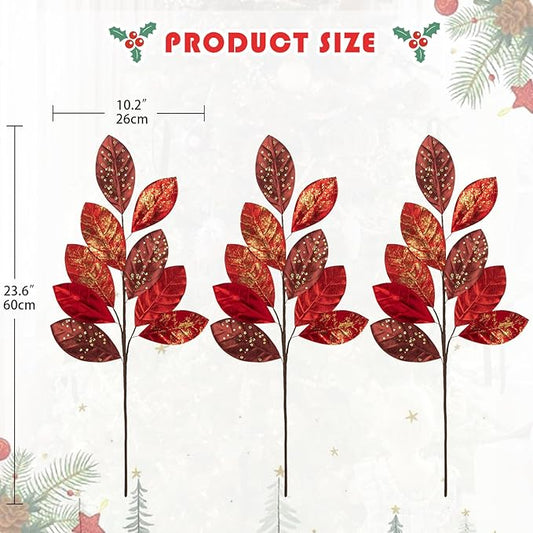 Hollyone 23.6” Christmas Tree Picks and Sprays 3Pcs Red Artificial Magnolia Stems Magnolia Leaves Branches Fake Red Leaf Floral for Vase DIY Xmas Tree Garland Wreath Centerpieces Wedding Decor