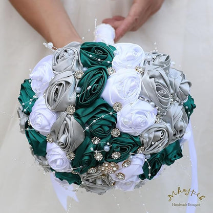 Bridal Wedding Bouquet Round Bling Brooch Bouquet Throw Toss Artificial Rose Flower Bunch for Bride Bridesmaid Wedding Quinceanera(Dark Green, Silver & White, 6.3")