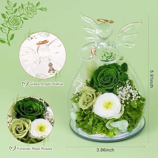 FIACO Gifts for Women Birthday Preserved Rose Forever Flower in Glass Angel Figurines Fresh Flowers for Delivery Prime for Mom Real Green Roses for Grandma Sister Wife Her from Daughter