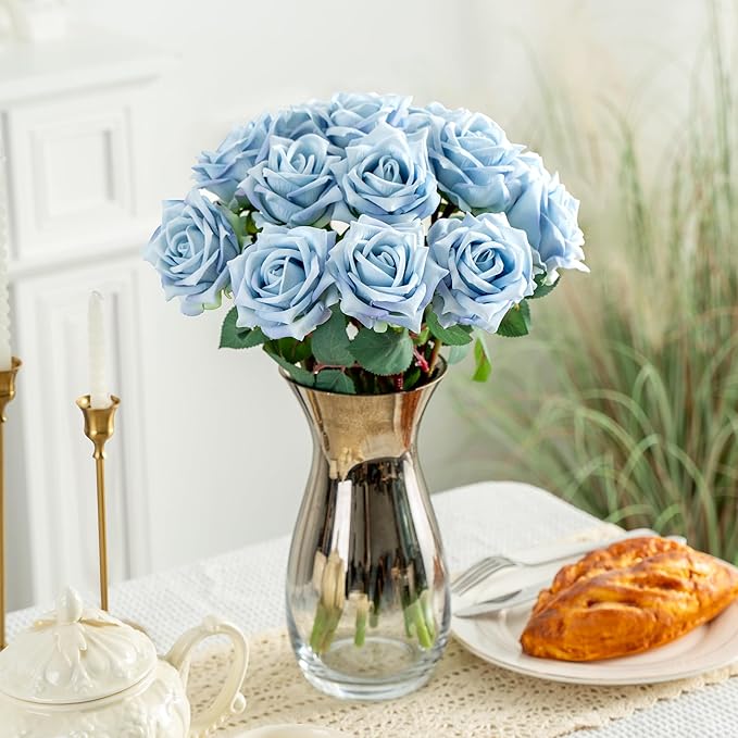 Fake Roses Faux Flowers Silk Roses 12PCS Artificial Roses with Stems Realistic Artificial Flowers Suitable for Indoor Home Decoration Diy Bouquet Wedding Decor Party Decoration （Blue）16.5“