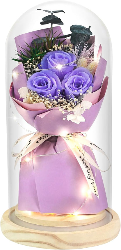 HVY Preserved Flower Bouquet Gift for Her,Forever Fresh Flowers for Delivery Prime Preserved Roses in Glass with LED Light Mothers Day Birthday Gifts for Mom,Wife,Grandma, Purple Rose