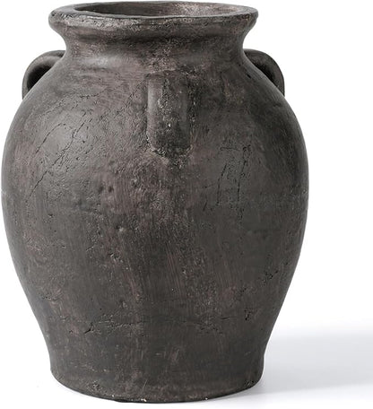 Handmade Black Ceramic Vases 9.5” Matte Antique Decorative Vase with 3-Ear Design Modern Rustic Home Decor for Living Room, Shelf, Table, Entryway – Jarrones Decorativos para Sala