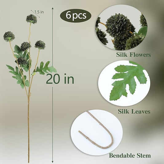 Mizii 6Pcs Green Fake Silk Pompon Mum Artificial Flowers Bulk Small Faux Chrysanthemums with Stems Realistic Floral Decorations for Wedding DIY Bouquet Centerpieces Shower Vase Home Decor (Dark Green)