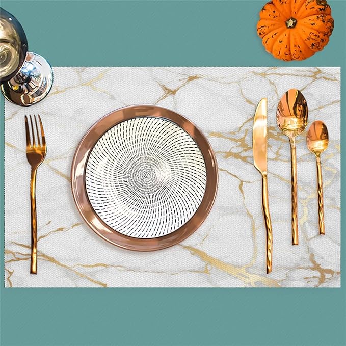 PVC Placemats Set of 4 White Gold Marble Wipeable Table Mats Washable Heat Resistant Non Slip Vinyl Dining Table Mat for Kithen Indoor Outdoor Patio Farmhouse Place Mats Decorative