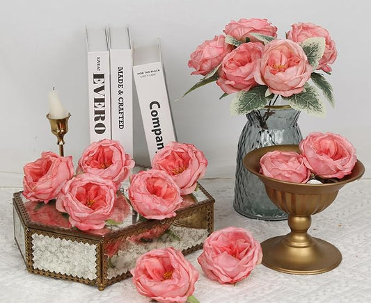 16pcs Peonies Artificial Flowers Head Deep Pink Austin Roses Vintage Burnt Flowers Silk Rose Head with Stems for DIY Flower Wedding Bouquets Centerpieces Home Decoration (Deep Pink)