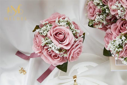 Meldel 6.5 Inch Bridesmaid Bouquet Set of 6, Wedding Bouquets for Bridesmaids, Rose Bridesmaid Bouquets for Wedding, Artificial Wedding Bouquet Flower, Floral Wedding Centerpieces