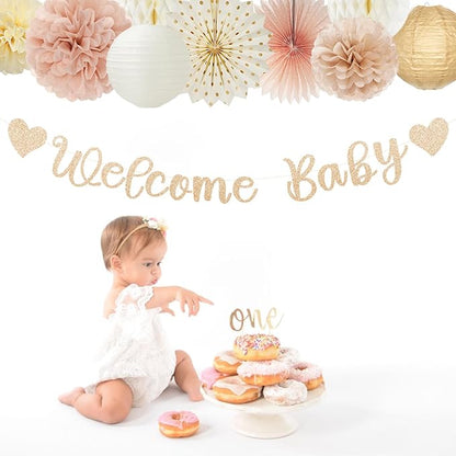 Champagne-Gold Fall Boho Baby Shower Party-Decorations - 21pcs Girls Welcome Baby Banner,Beige One Sweet Peach Paper Lanterns Pom Poms, Neutral Streamers Garland Decor Favors Huglony