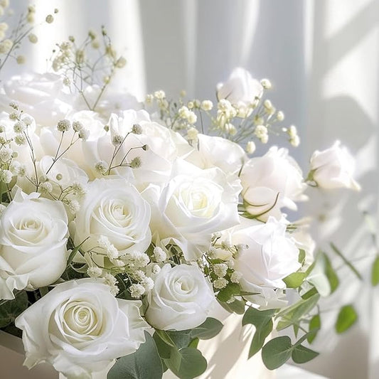 BLEUM CADE 100 Pcs White Roses Artificial Flowers, Real Touch Velvet Roses Fake Flowers Bulk, Artificial Roses Bouquet with Long Stems Bridal DIY Wedding Party Centerpiece Decorations