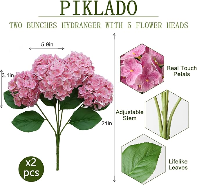 A Bunch 20in， Real Touch Hydrangea Artificial Flowers， with 5pcs Flower Head 8pcs Leaves， Faux Hydrangea Flowers for Home Office Decor Wedding Party Arrangements (2, Pink)