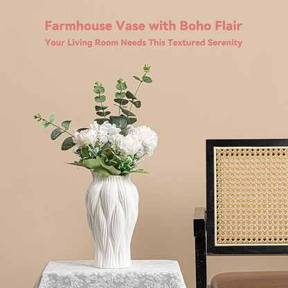 White Ceramic Vase with Reed-Inspired Texture - 9" Unique Flower Vase for Pampas Grass & Centerpieces, Decorative Boho/Farmhouse Vase for Living Room,Office Desk & Housewarming Gift (for Her/Yourself)