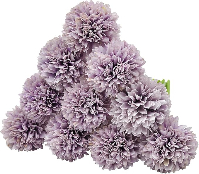 10Pcs Artificial Fake Flower Plants Silk Chrysanthemum Ball Hydrangea Arrangements Wedding Bouquets Decor Home Kitchen Garden Party Table Floral Centerpieces DIY (Grey Purple)
